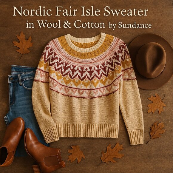 Sundance Nordic Fair Isle Sweater Cotton Wool Tan Baby Pink Crewneck Pullover XS - Picture 1 of 12